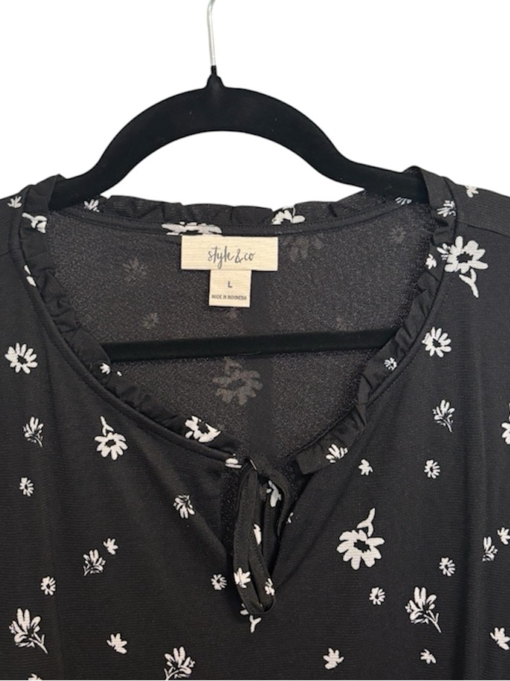 Style & Co Black Floral Shift Dress with White Floral Print 3/4 Sleeve Size L - Picture 3 of 6